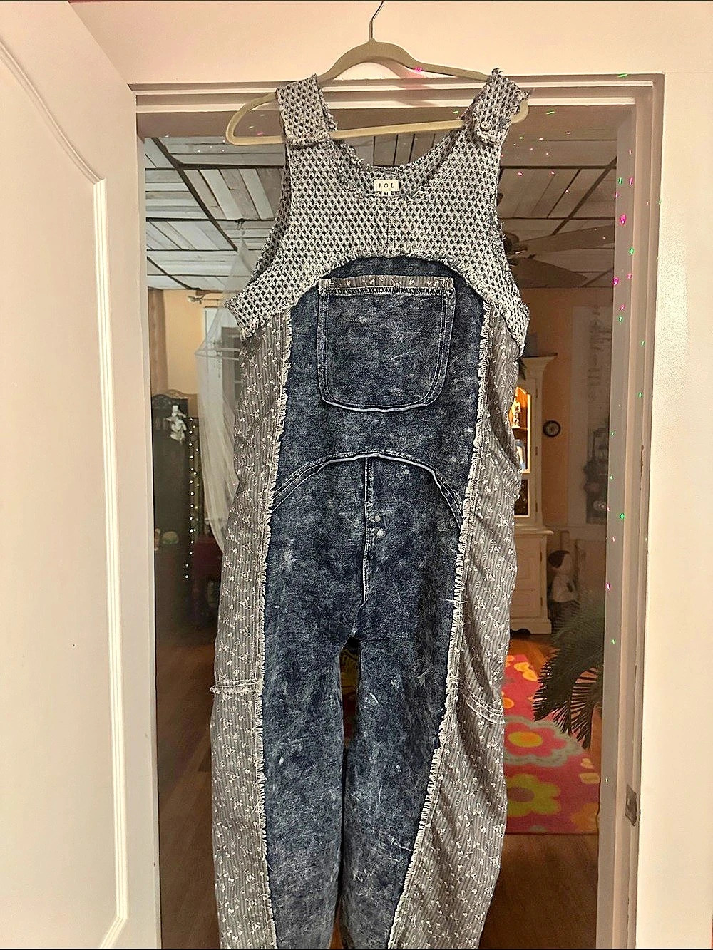 POL Mixed Media Patchwork Wide-Leg Overalls Jumpsuit Gray & Black Medium